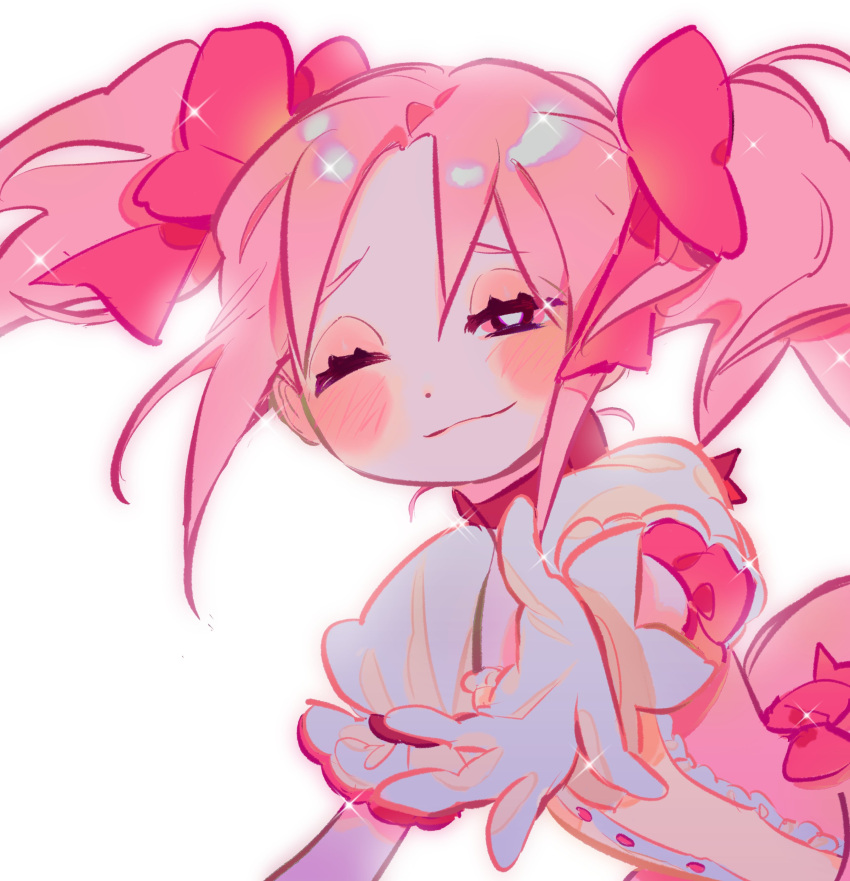 1girl absurdres blush bow bow_choker bright_pupils choker closed_mouth dot_nose dress floating_hair frilled_sleeves frills furrowed_brow gloves hair_bow half-closed_eyes hand_up highres kaname_madoka kaname_madoka_(magical_girl) kerberos_(kerbe_) leaning leaning_forward light_smile looking_ahead mahou_shoujo_madoka_magica mahou_shoujo_madoka_magica_(anime) neck_ribbon one_eye_closed open_hand pink_bow pink_dress pink_eyes pink_hair puffy_short_sleeves puffy_sleeves reaching reaching_towards_viewer red_bow red_choker ribbon short_sleeves short_twintails simple_background smile solo sparkle square_neckline three_quarter_view twintails upper_body white_background white_gloves white_sleeves