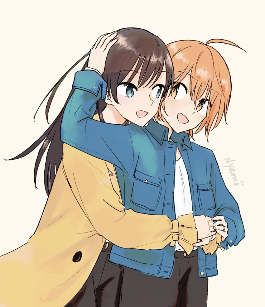 2girls ahoge artist_name blue_eyes blue_jacket brown_hair brown_pants coat commentary grey_background hand_on_another's_head highres hug hug_from_behind jacket jewelry koito_yuu long_hair long_sleeves looking_at_another multiple_girls nanami_touko nyamo open_mouth orange_hair pants ring shirt short_hair simple_background smile upper_body white_shirt yagate_kimi_ni_naru yellow_coat yuri