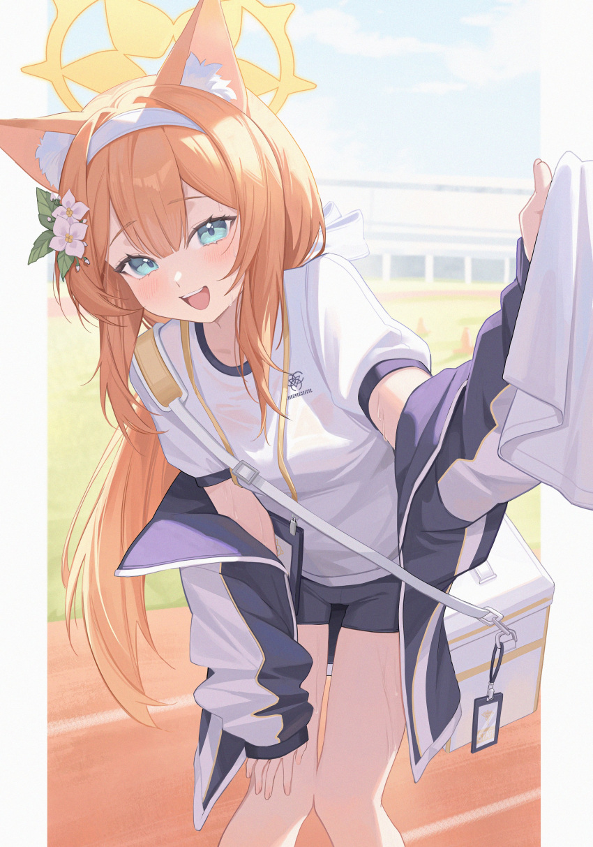 1girl :d absurdres animal_ears aqua_eyes blue_archive blunt_bangs box breasts cropped_legs double-parted_bangs flower fox_ears grey_jacket grey_shorts gym_uniform hair_flower hair_ornament halo headband highres holding holding_towel hunched_over jacket long_hair looking_at_viewer mari_(blue_archive) midori_xu off_shoulder orange_hair ponytail shirt shorts sidelocks small_breasts smile sweat towel track_and_field track_jacket white_headband white_shirt