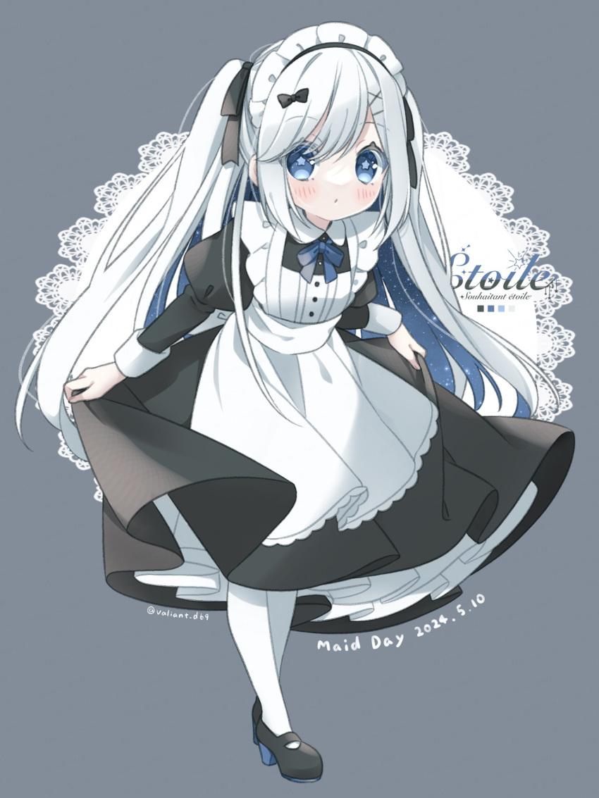 1girl :o black_bow black_dress black_footwear blue_eyes blush bow color_guide dated doily double_exposure dress full_body grey_background hair_between_eyes hair_bow highres juliet_sleeves kuzuhara_kazuya leaning_forward long_hair long_sleeves looking_at_viewer maid maid_day maid_headdress open_mouth original pantyhose petticoat pleated_dress puffy_sleeves shoes sidelocks simple_background skirt_hold solo standing star-shaped_pupils star_(symbol) symbol-shaped_pupils twintails very_long_hair white_hair white_pantyhose