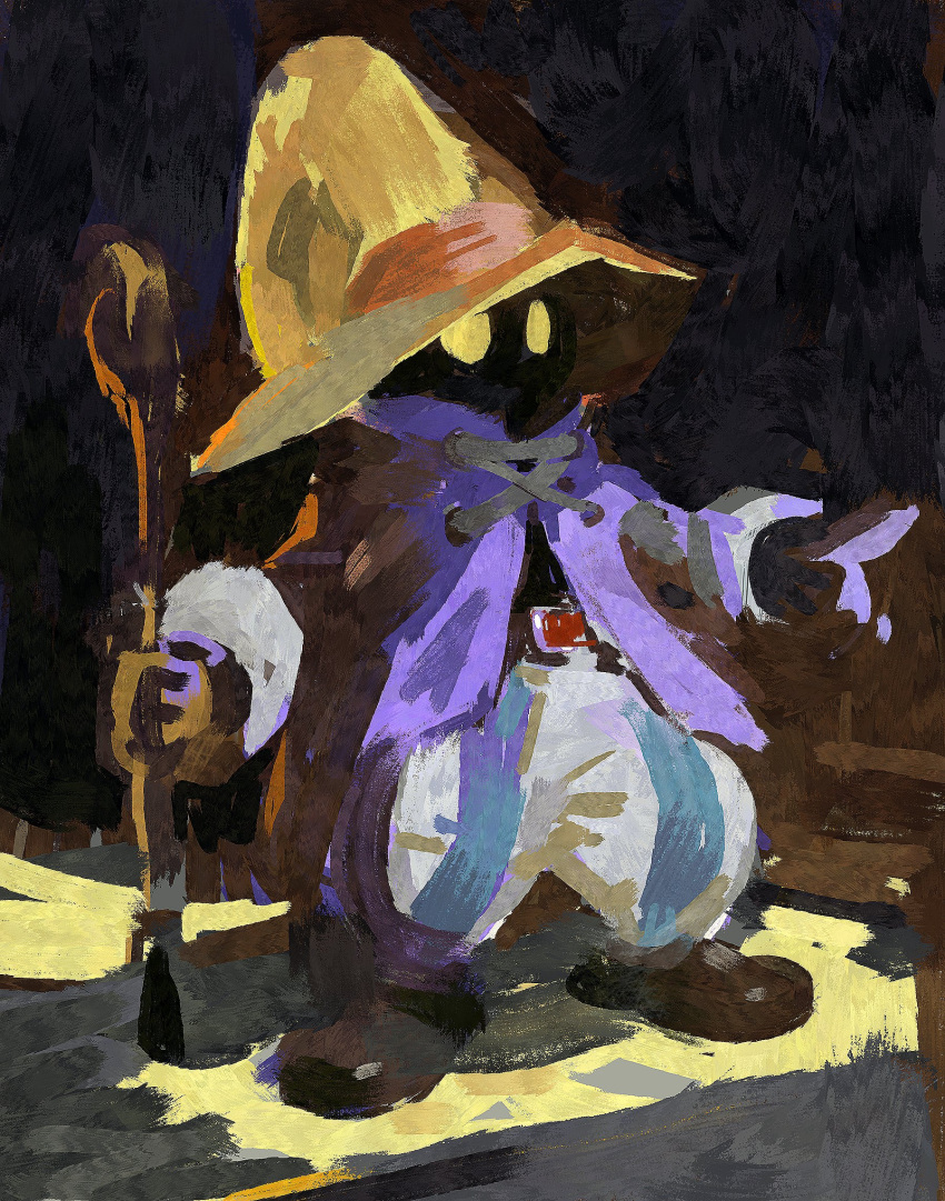 1other belt belt_buckle black_gloves black_mage_(final_fantasy) brown_footwear brown_gloves buckle cape chiaroscuro cloak commentary english_commentary faux_traditional_media final_fantasy full_body gloves glowing glowing_eyes hat highres holding holding_staff outdoors outstretched_arms painterly pants pointing shadow solo staff standing vivi_ornitier wizard_hat yellow_eyes yuming_li