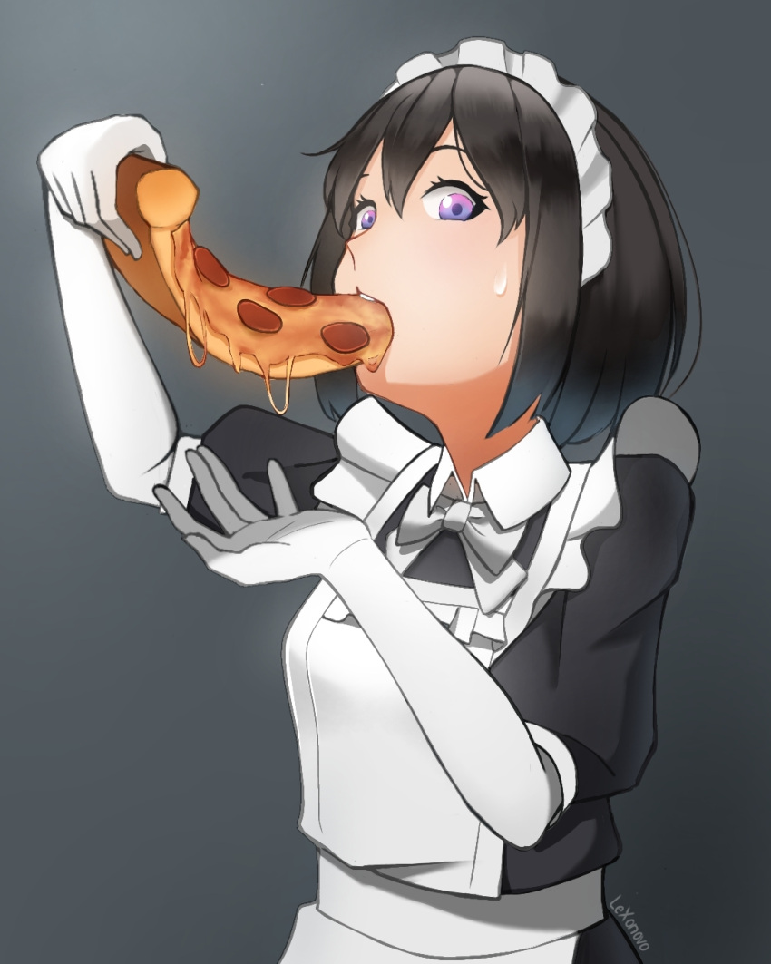 1girl apron arm_up artist_name black_dress black_hair bow bowtie breasts collared_dress commentary double-parted_bangs dress eating elbow_gloves english_commentary eyelashes food frilled_apron frills gloves grey_background hair_between_eyes hand_up highres holding holding_food holding_pizza lexonovo long_bangs looking_at_viewer looking_down looking_to_the_side maid maid_apron maid_headdress original pizza puffy_short_sleeves puffy_sleeves short_hair short_sleeves sideways_glance signature solo sweatdrop upper_body violet_eyes white_apron white_bow white_bowtie white_gloves