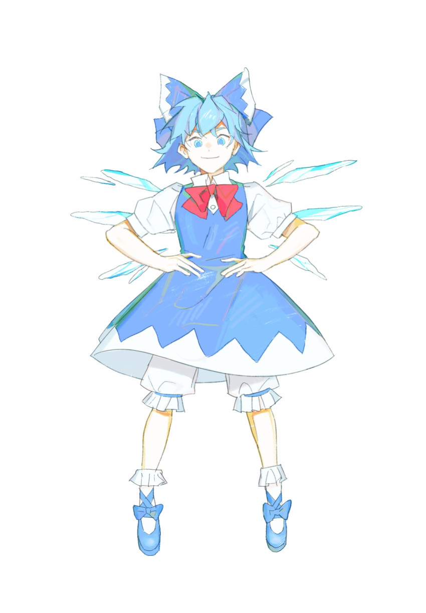 1girl bloomers blue_bow blue_dress blue_eyes blue_footwear blue_hair blue_ribbon bow chinese_commentary cirno closed_mouth commentary_request dress footwear_bow frilled_socks frills hair_ribbon highres miko_(15476997) neck_ribbon pinafore_dress puffy_short_sleeves puffy_sleeves red_ribbon ribbon shirt short_sleeves simple_background sleeveless sleeveless_dress smile socks solo touhou white_background white_bloomers white_shirt white_socks wings