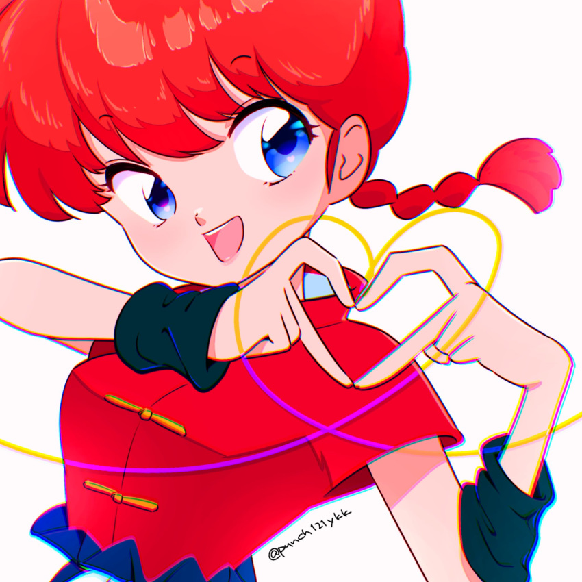 1girl blue_eyes braid braided_ponytail breasts heart heart_hands highres open_mouth punch121ykk ranma-chan ranma_1/2 redhead simple_background solo teeth twitter_username white_background