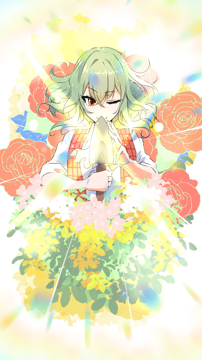 1girl ;) absurdres commentary_request flower green_hair highres itocoh kazami_yuuka looking_at_viewer one_eye_closed red_eyes red_flower short_hair smile solo touhou trowel upper_body