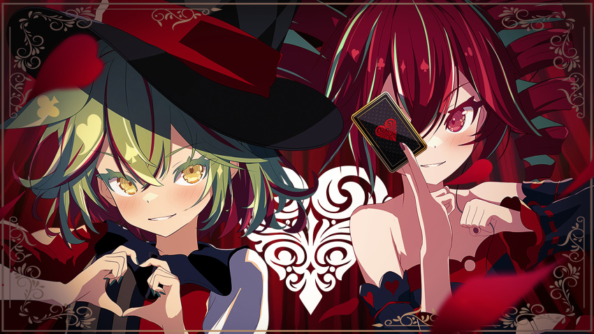 2girls black_hat black_nails black_sleeves card club_(shape) commentary_request crossed_bangs curtains detached_sleeves diamond_(shape) drill_hair envy_baby_(vocaloid) green_hair grey_hair grin hair_between_eyes hat heart heart_hands heart_print highres holding holding_card kasane_teto long_bangs looking_at_viewer medium_hair multicolored_hair multiple_girls neutrino_(software) one_eye_covered red_eyes red_shirt redhead ribbon-trimmed_sleeves ribbon_trim rokurororo2511 shirt smile spade_(shape) streaked_hair synthesizer_v top_hat twin_drills two-tone_hair upper_body utau vocaloid voiceroid voicevox yellow_eyes zundamon