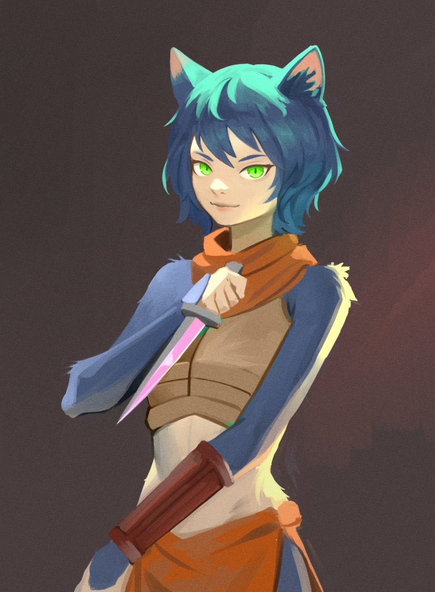 1girl animal_ears black_hair breasts brown_background cat_ears cat_girl cat_tail cowboy_shot crop_top dagger dungeon_meshi green_eyes highres holding holding_dagger holding_knife holding_weapon izutsumi knife midriff monster_girl red_scarf scarf short_hair simple_background sleeveless slit_pupils small_breasts smaragdus tail weapon