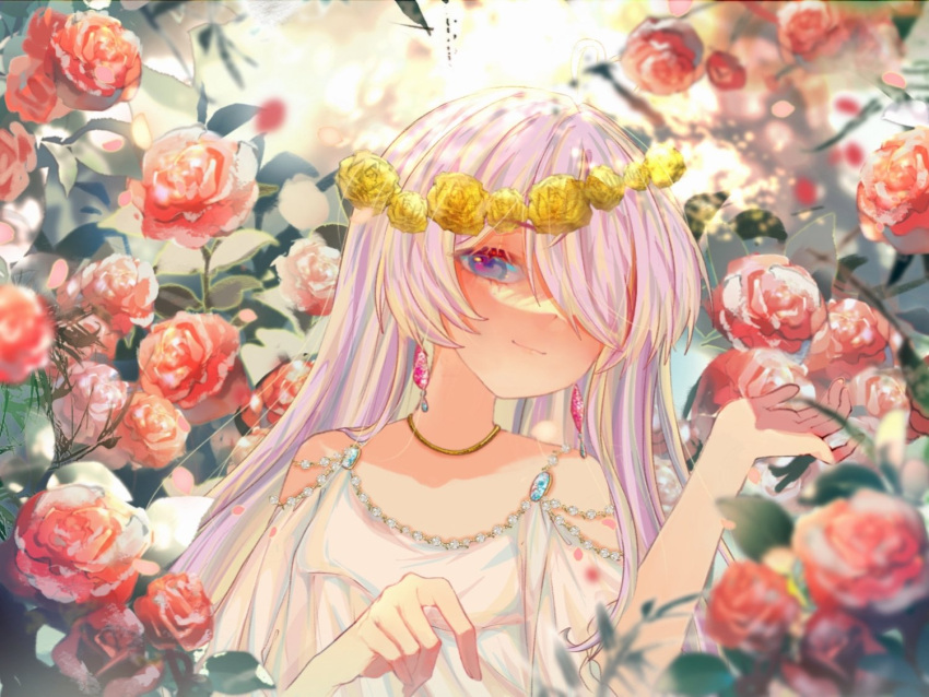 1girl ancient_greek_clothes blue_eyes chiton earrings flower flower_wreath greco-roman_clothes hair_over_one_eye jewelry light_smile long_hair looking_at_viewer maria_marionette necklace nijisanji nijisanji_en nina0927ye pink_hair rose solo