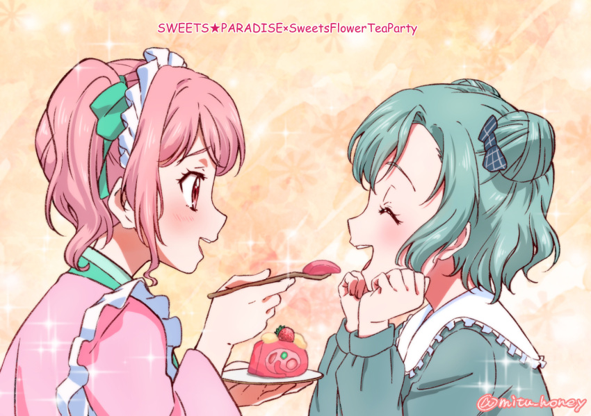 2girls bang_dream! blue_hair bow cake closed_eyes copyright_name double_bun feeding food fork from_side hair_bow hair_bun hands_on_own_cheeks hands_on_own_face hikari_(mitsu_honey) hikawa_hina holding holding_fork holding_plate house long_sleeves looking_at_another maruyama_aya medium_hair multiple_girls open_mouth pink_eyes pink_hair plate profile side_ponytail smile sparkle sweets_paradise swiss_roll two_side_up
