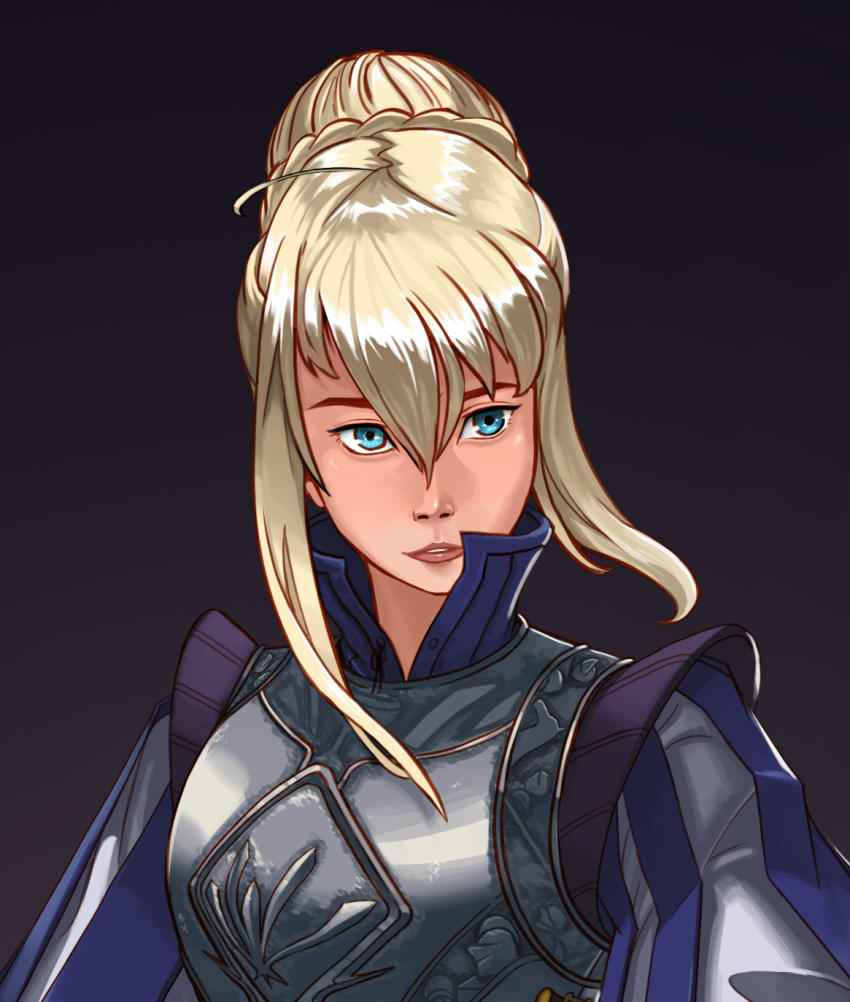 1girl ahoge armor armored_dress artoria_pendragon_(fate) blonde_hair blue_dress blue_eyes braid breastplate dress english_commentary fate/stay_night fate_(series) grey_background hair_between_eyes hair_bun high_collar highres portrait puff_and_slash_sleeves puffy_sleeves redesign saber_(fate) sidelocks solo thunderpowered