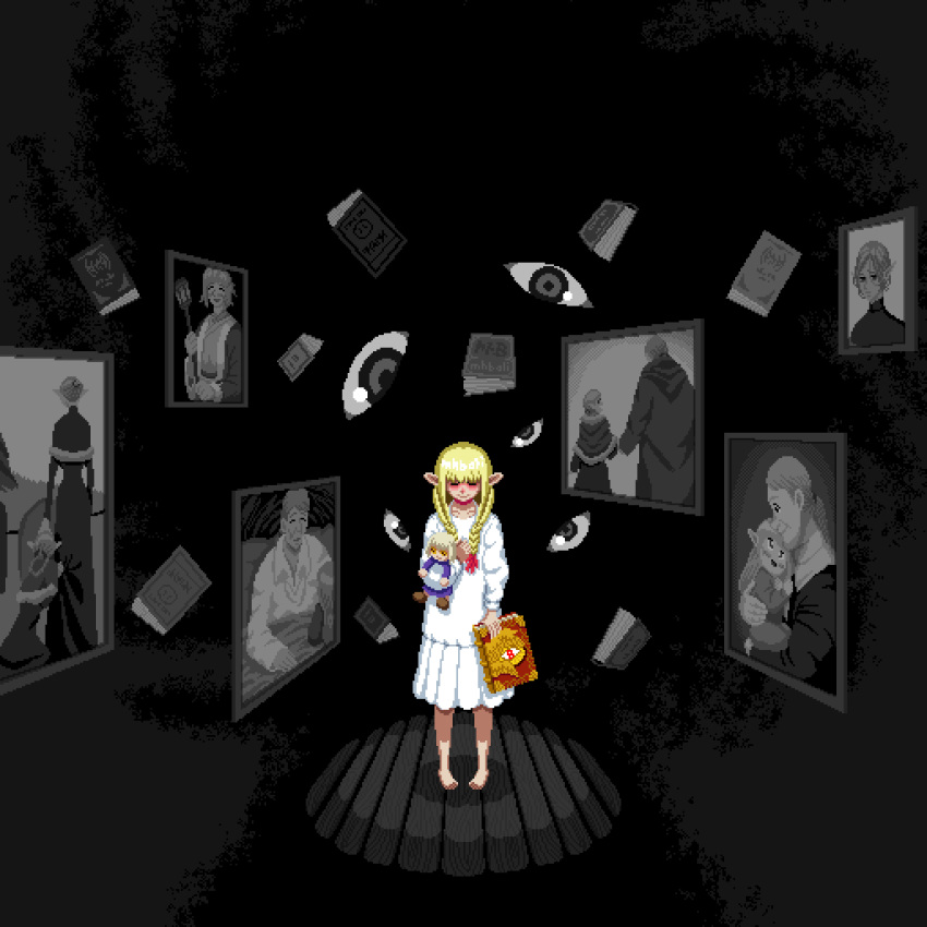 1girl animated animated_gif barefoot blonde_hair book character_doll disembodied_eye doll dungeon_meshi falin_touden falin_touden_(doll) floating grimoire highres holding holding_doll levitation marcille_donato mohammed_bali painting_(object) pixel_art pointy_ears shirt skirt solo standing white_shirt white_skirt