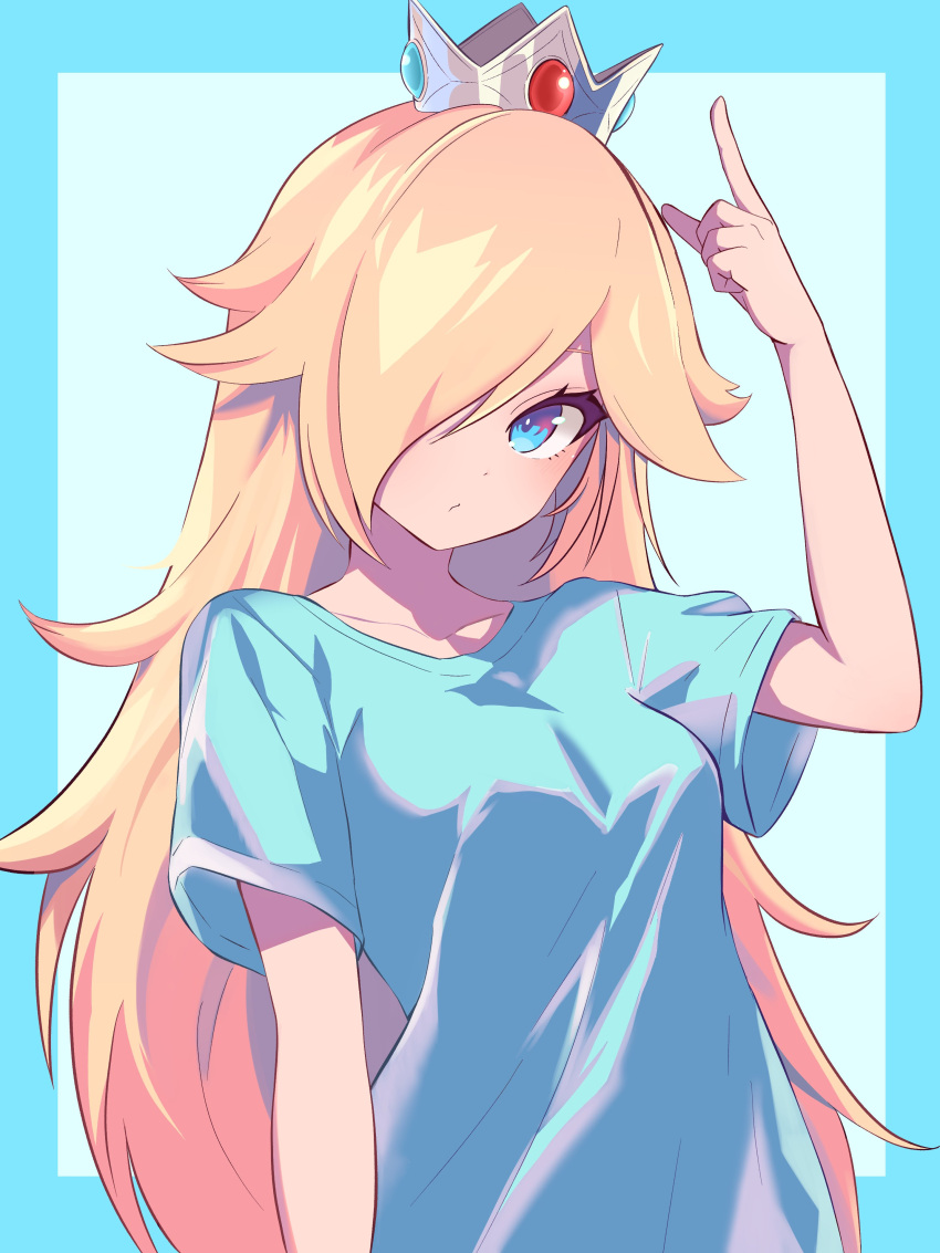 1girl absurdres alternate_costume blonde_hair blue_border blue_eyes blue_shirt border closed_mouth collarbone crown eyelashes hair_over_one_eye highres index_finger_raised long_bangs long_hair looking_at_viewer pointing pointing_up rosalina ryu160303 shirt short_sleeves solo super_mario_bros. upper_body very_long_hair
