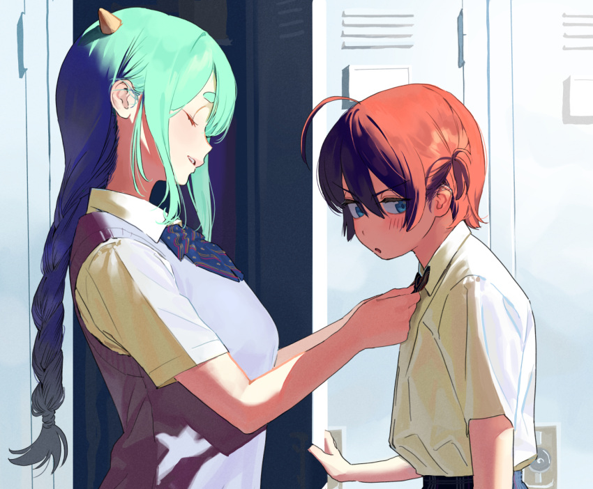 2girls adjusting_another's_clothes adjusting_bowtie ahoge aqua_hair averting_eyes blush bow bowtie braid closed_eyes collared_shirt cone_horns from_side hair_between_eyes horns locker locker_room long_hair low-braided_long_hair low-tied_long_hair multiple_girls original parted_lips profile redhead shirt shirt_tucked_in short_sleeves sidelighting single_braid some1else45 sweater_vest two_side_up upper_body