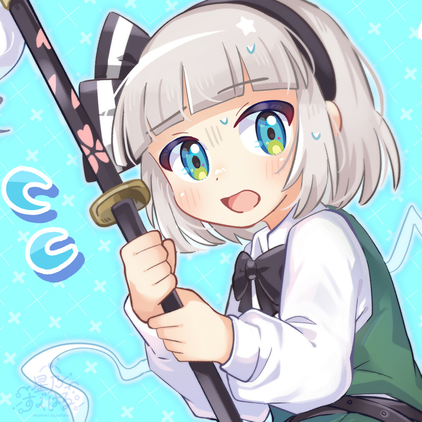1girl black_bow black_bowtie black_hairband blue_background blue_eyes blunt_bangs blush bow bowtie commentary flying_sweatdrops ghost grey_hair hairband highres konpaku_youmu konpaku_youmu_(ghost) long_sleeves looking_at_viewer open_mouth short_hair simple_background solo suguharu86 sweat symbol-only_commentary touhou upper_body