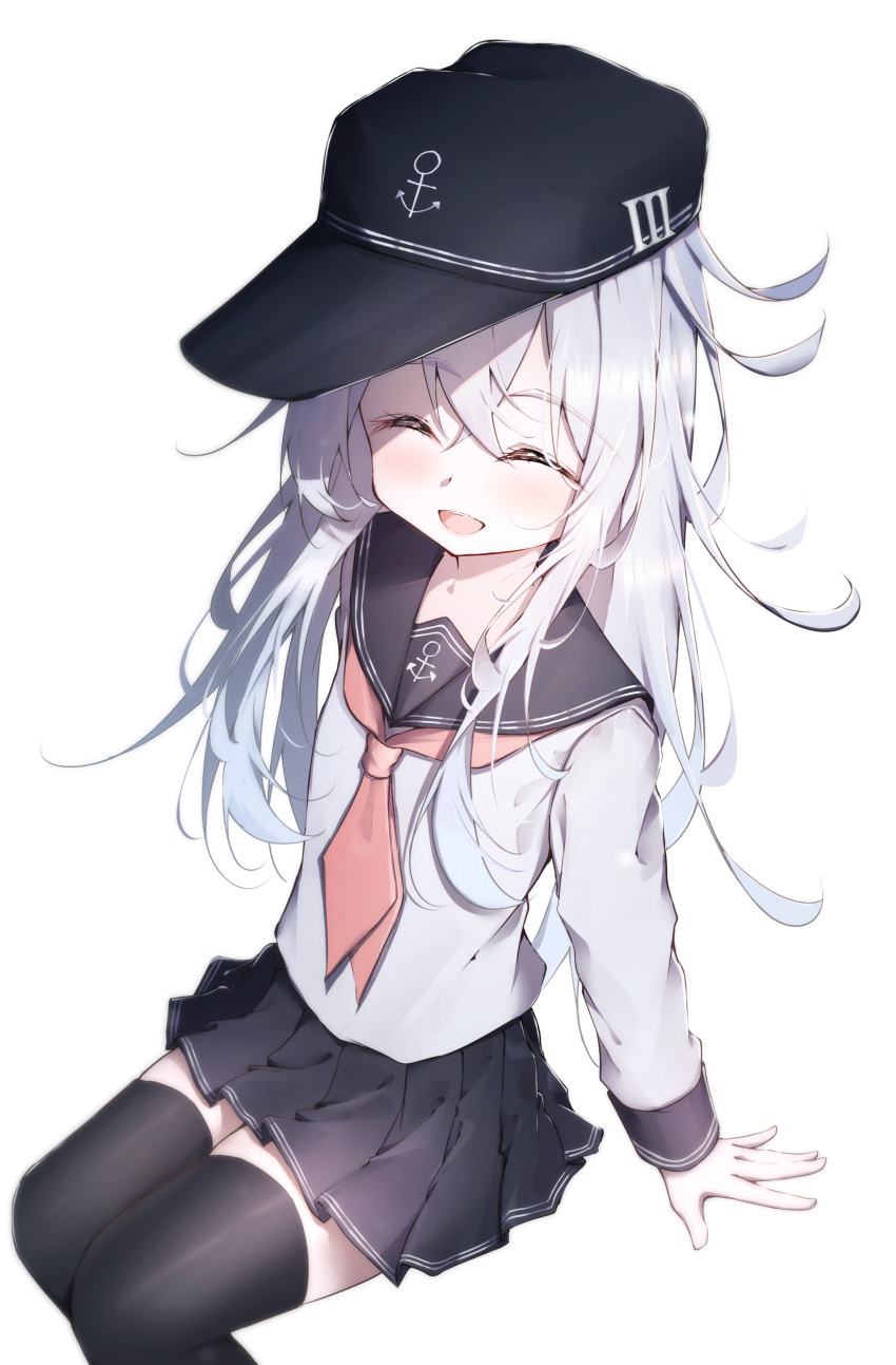 1girl absurdres anchor_symbol black_hat black_sailor_collar black_skirt black_thighhighs blush closed_eyes dfd feet_out_of_frame flat_cap grey_hair hair_between_eyes hat hibiki_(kancolle) highres kantai_collection long_hair long_sleeves neckerchief open_mouth pleated_skirt red_neckerchief sailor_collar school_uniform serafuku simple_background skirt smile solo thigh-highs white_background