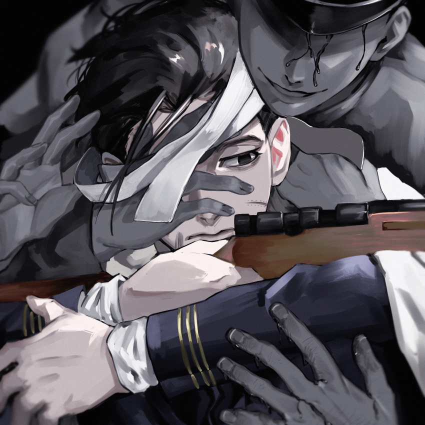 2boys 2others aiming bags_under_eyes bandage_over_one_eye behind_another black_eyes black_hair bleeding_from_forehead blue_jacket bolt_action cloak closed_mouth covering_another's_eye empty_eyes expressionless faceless faceless_male facial_hair goatee golden_kamuy gun hanazawa_yusaku hand_over_another's_eye hat hat_over_eyes highres holding holding_gun holding_weapon jacket looking_to_the_side military_uniform multiple_boys multiple_others ogata_hyakunosuke open_mouth out_of_frame partially_colored rifle scar scar_on_cheek scar_on_face short_hair smile sriokorr uniform upper_body weapon white_cloak