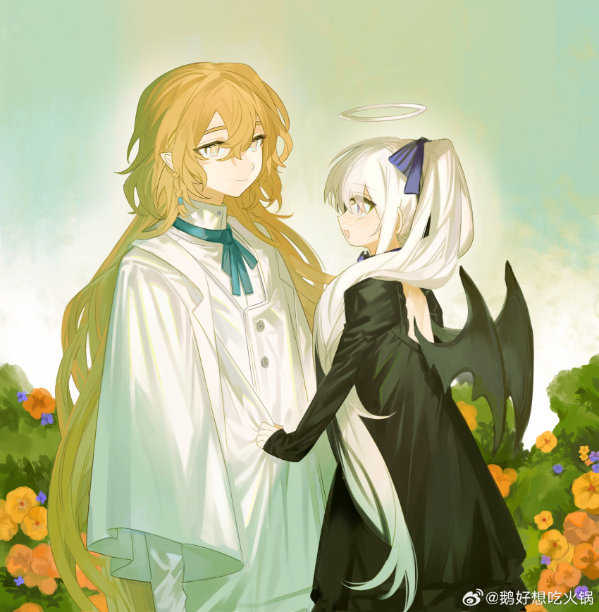 1boy 1girl :d aqua_ribbon back_cutout bat_wings black_dress black_wings blonde_hair blue_bow bow bush buttons chinese_commentary closed_mouth clothing_cutout dress eyes_visible_through_hair flower hair_between_eyes hair_bow halo highres long_hair long_sleeves looking_at_another neck_ribbon open_mouth orange_flower original outdoors pointy_ears ponytail rexxxlord ribbon shirt shirt_tug sidelocks sleeves_past_wrists smile standing weibo_logo weibo_username white_hair white_shirt wide_sleeves wings yellow_eyes yellow_flower