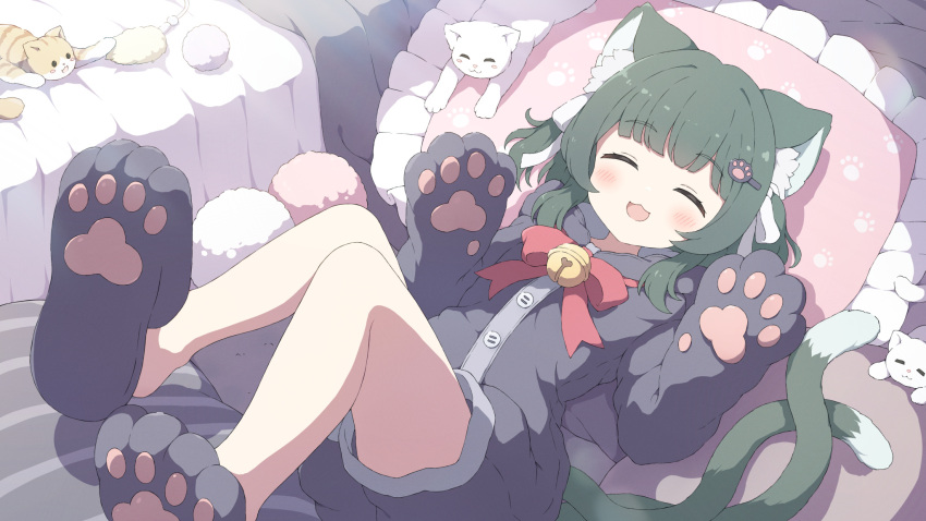 1girl animal animal_hands bell cat cat_girl closed_eyes commission gloves green_hair highres lying multiple_tails on_back original paw_gloves paw_hair_ornament paw_print_soles skeb_commission smile tail tyakomes variant_set