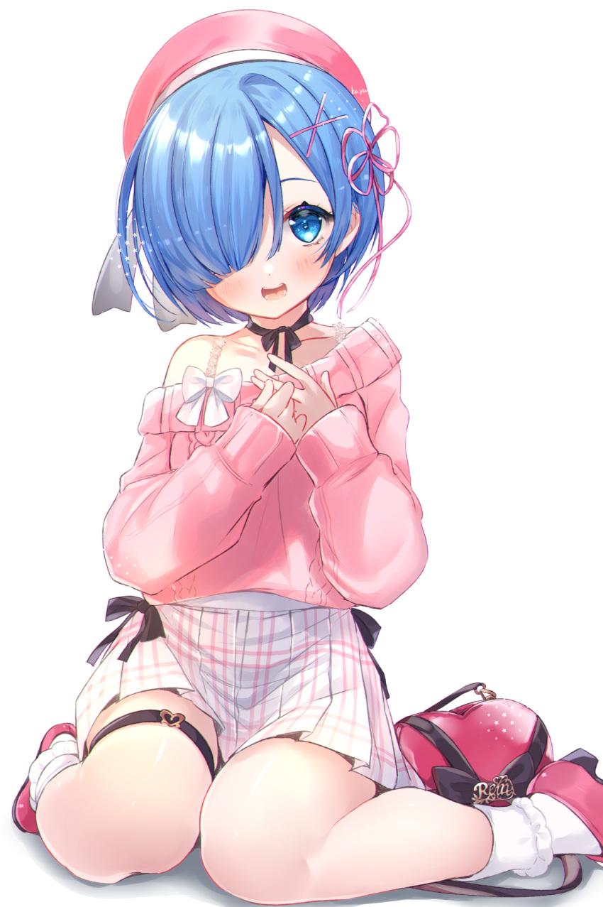 1girl bag bare_shoulders beret blue_eyes blue_hair blush bow collarbone commentary_request frilled_socks frills goddess_of_victory:_nikke hair_ornament hair_over_one_eye hairclip hands_up hat highres ko_yu long_sleeves looking_at_viewer off_shoulder open_mouth own_hands_together pink_footwear pink_hat pink_sweater plaid plaid_skirt pleated_skirt puffy_long_sleeves puffy_sleeves re:zero_kara_hajimeru_isekai_seikatsu rem_(re:zero) shoes short_hair shoulder_bag simple_background sitting skirt sleeves_past_wrists socks solo sweater teeth upper_teeth_only wariza white_background white_bow white_skirt white_socks x_hair_ornament