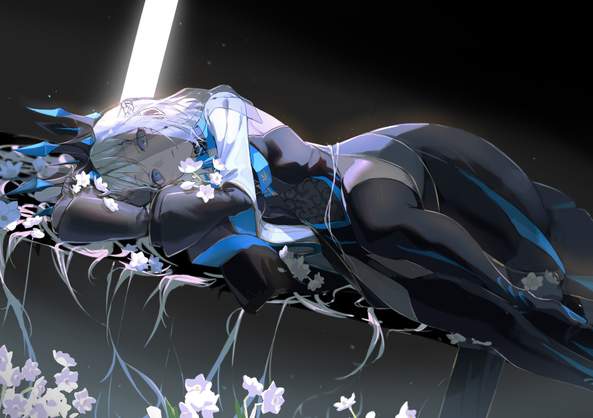1girl absurdres black_background black_dress black_gloves black_thighhighs blue_eyes braid closed_mouth commentary_request crown dress fate/grand_order fate_(series) flower french_braid gloves grey_hair highres long_hair looking_at_viewer lying mochi_upamo morgan_le_fay_(fate) see-through solo thigh-highs veil very_long_hair white_flower