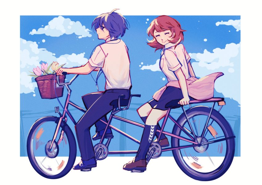 1boy 1girl absurdres bad_source bicycle clouds cloudy_sky commission commissioner_upload highres kickthat_can persona persona_3 simple_background sky smile takeba_yukari tandem_bicycle yuuki_makoto_(persona_3)