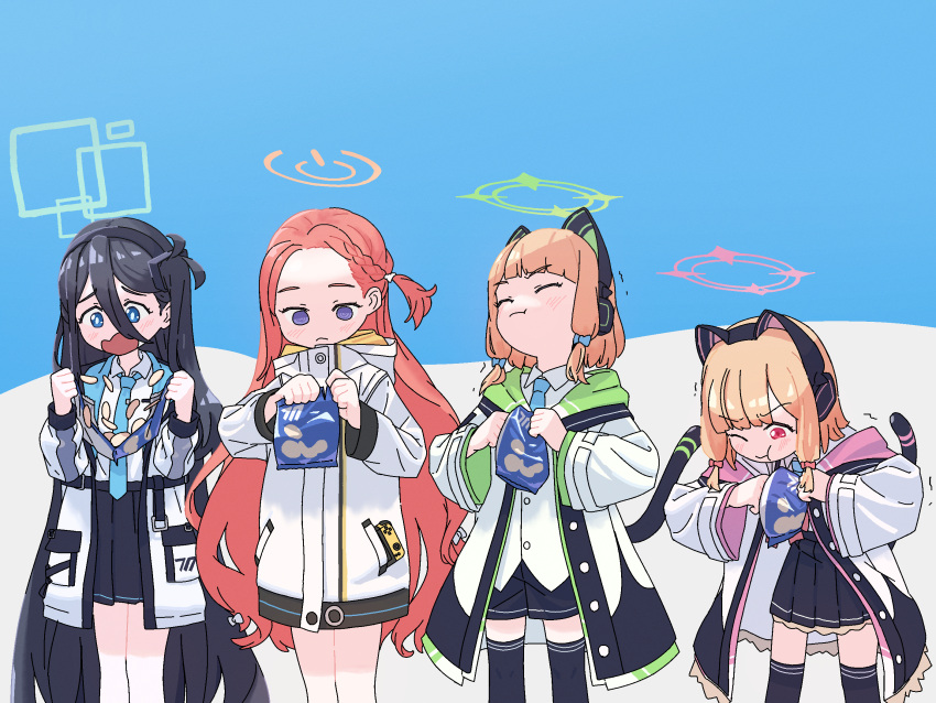 4girls :&lt; :t animal_ear_headphones animal_ears aris_(blue_archive) bag_of_chips black_hair black_hairband black_shorts black_skirt black_thighhighs blonde_hair blue_archive blue_background blue_bow blue_eyes blunt_bangs blush bow braid cat_ear_headphones cat_tail chips_(food) closed_mouth coat collared_shirt commentary_request dress_shirt failure fake_animal_ears feet_out_of_frame food forehead game_development_department_(blue_archive) green_hood hair_between_eyes hair_bow hairband halo handheld_game_console headphones highres hood hood_down hooded_coat jacket lineup long_hair long_sleeves low-tied_sidelocks midori_(blue_archive) momoi_(blue_archive) multiple_girls multiple_hair_bows nintendo_switch object_in_pocket one_side_up open_clothes open_coat open_jacket opening pink_bow pleated_skirt potato_chips red_eyes redhead ringed_eyes shimotsu. shirt shorts side_braid simple_background skirt standing tail thigh-highs trembling two-tone_background v-shaped_eyebrows very_long_hair violet_eyes white_background white_coat white_jacket white_shirt yuzu_(blue_archive)