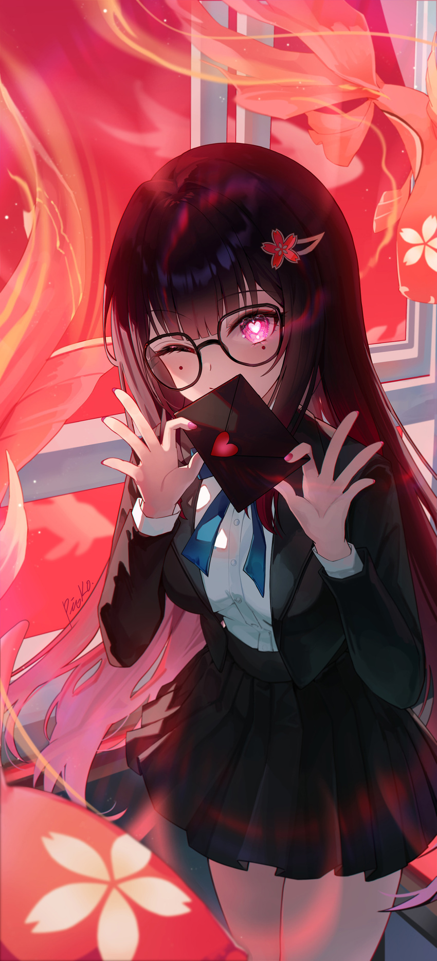 1girl absurdres black-framed_eyewear black_hair black_jacket black_skirt blunt_bangs commentary_request cowboy_shot facial_mark glasses heart heart-shaped_pupils highres holding holding_letter honkai:_star_rail honkai_(series) jacket letter long_hair long_sleeves looking_at_viewer miniskirt nail_polish official_alternate_costume one_eye_closed pink_eyes pink_nails pistachiocream pleated_skirt shirt skirt solo sparkle_(honkai:_star_rail) standing symbol-shaped_pupils thighs very_long_hair white_shirt