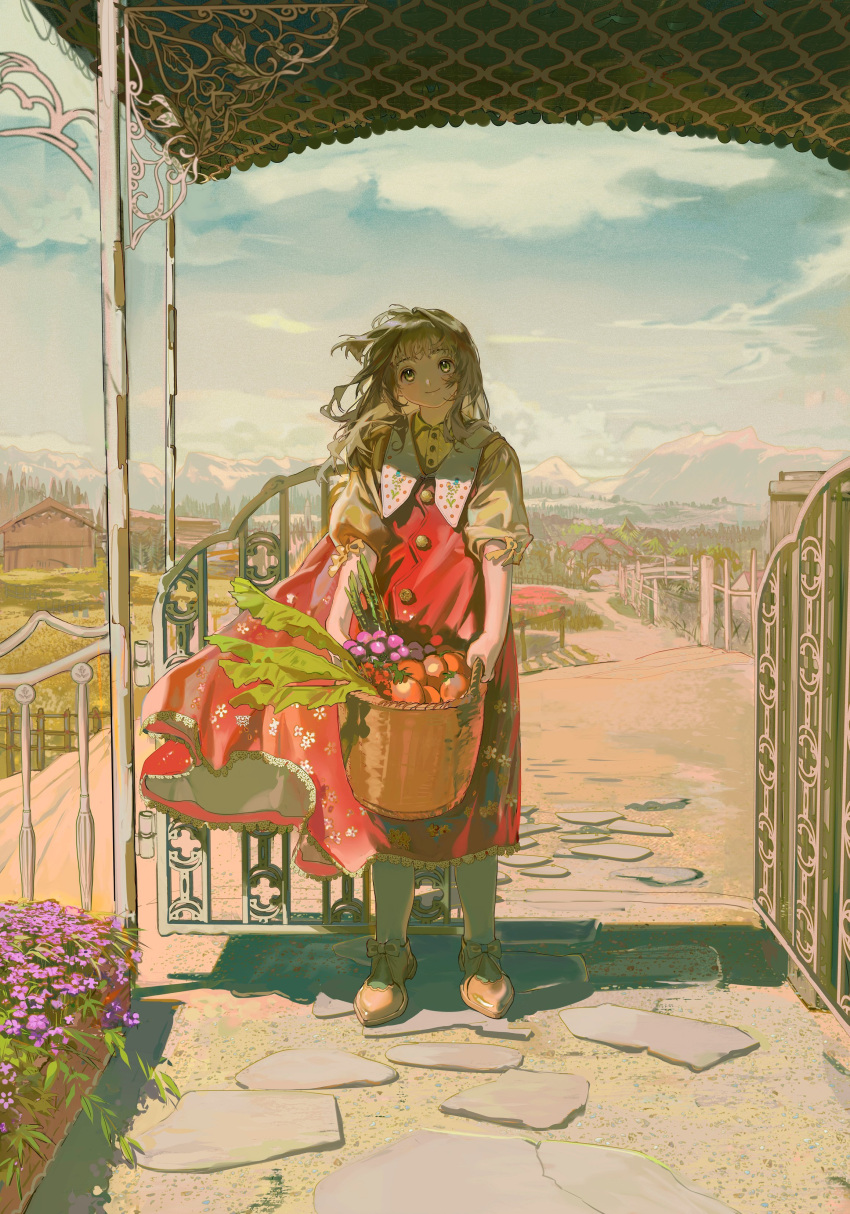 1girl absurdres basket blue_sky bow brown_footwear brown_hair building buttons canopy_(shelter) collared_shirt commentary day dress fence field floral_print flower food footwear_bow full_body gate grass green_eyes highres holding holding_basket lace-trimmed_dress lace_trim landscape long_hair looking_at_viewer mountain mountainous_horizon original outdoors path purple_flower red_dress scenery shirt shoes sky smile solo standing stepping_stones symbol-only_commentary tamomoko vegetable yellow_shirt