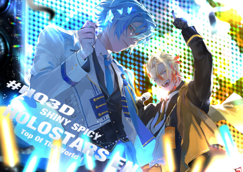 2boys arm_up axel_syrios black_gloves blonde_hair blue_eyes blue_hair blue_necktie concert curtained_hair english_text gloves glowstick green_eyes hair_between_eyes highres holding holding_microphone holostars holostars_english holostars_idol_uniform_(1st_act) idol looking_at_viewer male_focus microphone multicolored_hair multiple_boys necktie pointing pointing_up redhead regis_altare short_hair smile stage_lights suda_(svdaaa) two-tone_hair upper_body