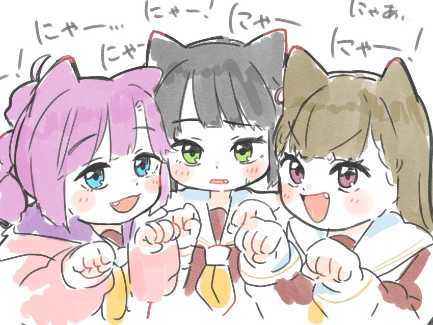 3girls :d animal_ears anyoji_hime black_hair blue_eyes blunt_bangs blunt_ends blush brown_dress brown_hair cat_ears cat_girl center-flap_bangs commentary_request deformed dress fang green_eyes hasu_no_sora_school_uniform highres jacket kachimachi_kosuzu kemonomimi_mode link!_like!_love_live! long_hair long_sleeves looking_at_viewer love_live! momose_ginko multi-tied_hair multiple_girls neckerchief nyan open_clothes open_jacket open_mouth pink_eyes pink_hair pink_jacket ponytail sailor_collar sailor_dress school_uniform short_hair sidelocks simple_background smile straight_hair swept_bangs translation_request v-shaped_eyebrows virtual_youtuber white_background white_sailor_collar winter_uniform yellow_neckerchief zunda_mochi_(zundamochilala)