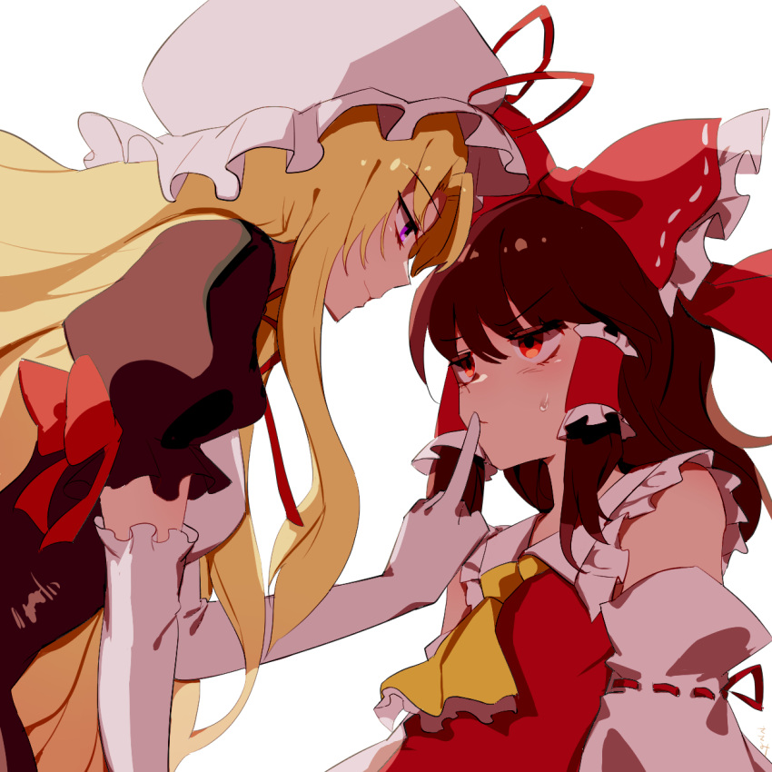 2girls ascot blonde_hair bow brown_hair closed_mouth commentary_request detached_sleeves dress elbow_gloves eye_contact finger_to_another's_mouth frilled_bow frilled_hair_tubes frills gloves hair_bow hair_tubes hakurei_reimu hat hat_ribbon height_difference highres light_blush long_hair looking_at_another mob_cap multiple_girls purple_dress red_bow red_eyes red_ribbon ribbon ribbon-trimmed_sleeves ribbon_trim short_sleeves smile sweatdrop torino_sasami touhou very_long_hair violet_eyes white_gloves yakumo_yukari yuri