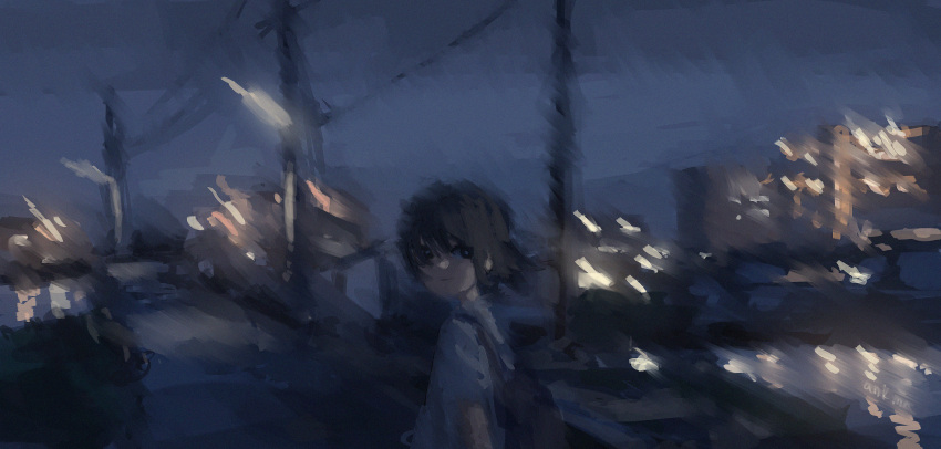 1boy absurdres anko1127 backpack bag black_eyes blurry blurry_background commentary_request highres looking_at_viewer night original power_lines scenery short_hair short_sleeves sky solo tagme