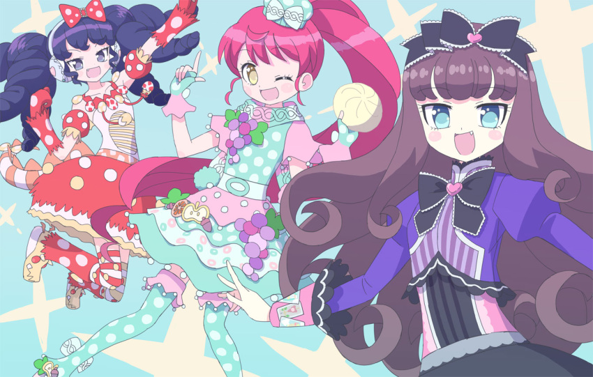 3girls :d arm_up baozi black_hair blue_dress blue_eyes blue_thighhighs blush bow brown_hair commentary_request dress fang food gaaruru_(pripara) gloves hair_bow hands_up headphones holding holding_food idol_clothes index_finger_raised juliet_sleeves jumping ku_(residual666) kurosu_aroma long_hair long_sleeves looking_at_viewer multiple_girls one_eye_closed open_mouth outstretched_arm polka_dot polka_dot_dress ponytail pretty_series pripara puffy_short_sleeves puffy_sleeves purple_shirt red_gloves red_skirt redhead shiratama_mikan shirt short_sleeves sidelocks skirt smile sparkle thigh-highs twintails very_long_hair yellow_eyes