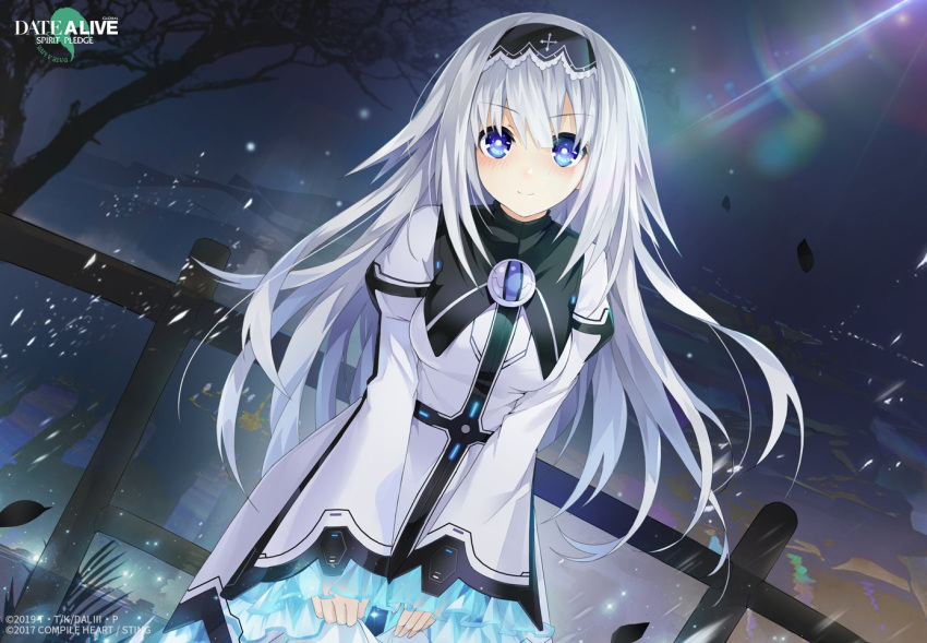 1girl arusu_maria blue_eyes date_a_live date_a_live:_spirit_pledge dress dutch_angle light_rays long_hair long_sleeves looking_at_viewer night official_art outdoors smile solo tree white_dress white_hair wide_sleeves
