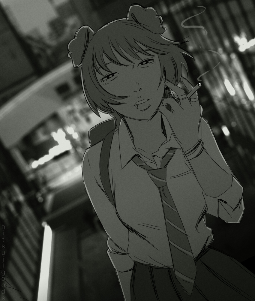 1girl absurdres animal_ear_piercing animal_ears backpack bag cigarette commentary diagonal-striped_clothes diagonal-striped_necktie dog_ears dog_girl dutch_angle earrings english_commentary greyscale highres hitsuji_(hitsujigoods) holding holding_cigarette jewelry lip_ring loose_necktie medium_hair mitsu_(hitsujigoods) monochrome necktie original photo_background pleated_skirt skirt smoke solo striped_clothes upper_body