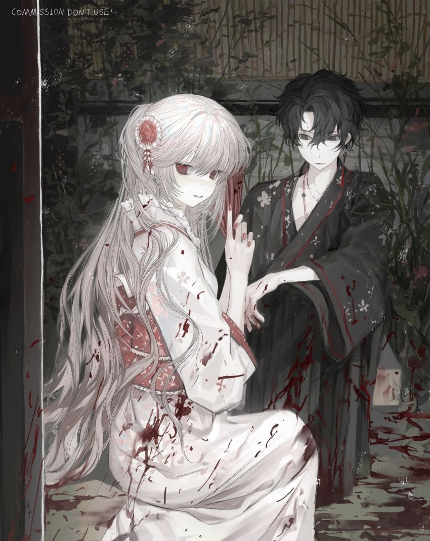 1boy 1girl black_eyes black_hair black_kimono blood blood_on_clothes blood_on_hands branch commission drop_earrings earrings flower folding_fan frills from_side grey_hair guigui_rongrong hair_flower hair_ornament hand_fan highres holding holding_fan japanese_clothes jewelry kimono long_hair looking_at_another looking_at_viewer looking_to_the_side nail_polish obi original pale_skin parted_lips red_eyes red_flower red_nails red_sash sample_watermark sash short_hair smile upper_body watermark white_hair white_kimono