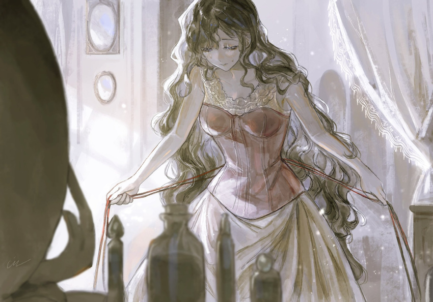 1girl bare_arms bare_shoulders blurry blurry_foreground bottle breasts brown_hair cindymeimezu closed_eyes closed_mouth curtains dress highres holding indoors light_particles long_hair looking_down mirror original signature skirt sleeveless smile solo solo_focus very_long_hair wavy_hair window