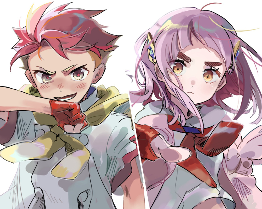 1boy 1girl arched_bangs bezquomvjq49661 blush cardigan closed_mouth coat collared_shirt crispin_(pokemon) eyelashes gloves hair_ornament hairclip highres lacey_(pokemon) long_sleeves looking_at_viewer multicolored_hair neckerchief open_clothes open_mouth orange_hair pink_hair pokemon pokemon_sv red_gloves redhead shirt short_hair smile upper_body white_shirt yellow_eyes