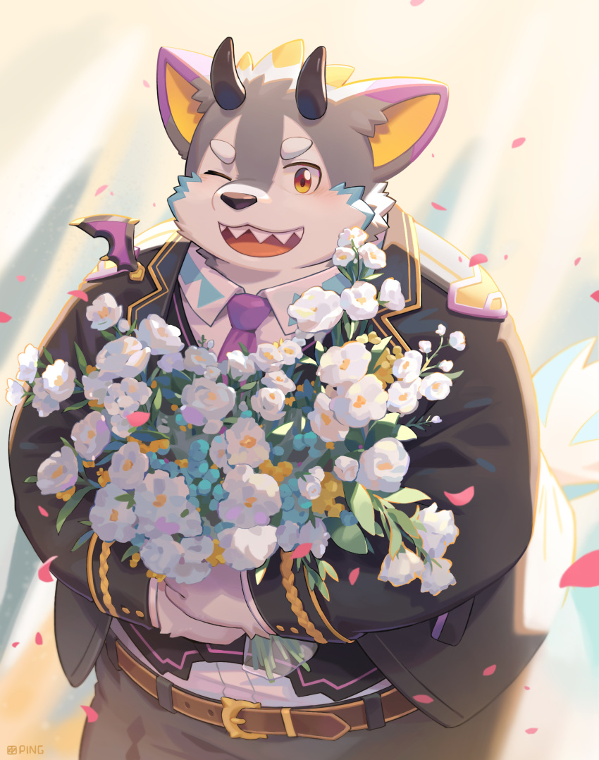 1boy absurdres animal_ears belphegor_(housamo) belt blush bouquet cowboy_shot demon_horns dog_boy dog_ears dog_tail epaulettes falling_petals fat flower furry furry_male gold_trim highres holding holding_bouquet horns jacket lapels looking_at_viewer male_focus necktie one_eye_closed open_mouth petals pink_necktie seamonsterping sharp_teeth shirt signature solo tail teeth thick_eyebrows tokyo_afterschool_summoners white_flower white_shirt