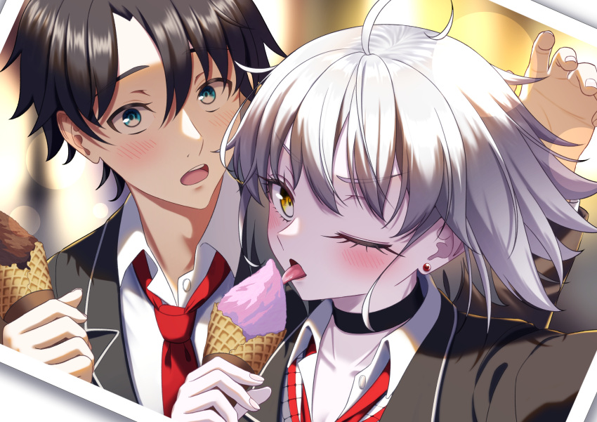 1boy 1girl absurdres ahoge aonoirasuto black_choker black_hair black_jacket blue_eyes blush choker collared_shirt commentary_request dating eating fate/grand_order fate_(series) fingernails food fujimaru_ritsuka_(male) grey_hair hair_between_eyes highres holding holding_food holding_ice_cream_cone ice_cream ice_cream_cone jacket jeanne_d'arc_alter_(fate) long_sleeves looking_at_viewer necktie official_alternate_costume one_eye_closed open_clothes open_jacket open_mouth pale_skin photo_(object) red_necktie school_uniform shirt teeth tongue tongue_out upper_teeth_only white_shirt yellow_eyes