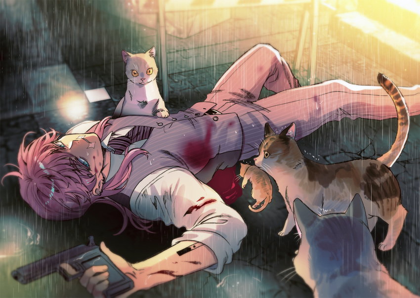 1boy aqua_eyes arm_tattoo bae_(baebae) blood blood_on_arm blood_on_clothes blood_on_face blood_on_ground blurry cat collared_shirt depth_of_field ear_piercing feet_out_of_frame from_side gun highres holding holding_gun holding_weapon light light_frown looking_at_another lying male_focus necktie on_back pants parted_lips piercing pink_hair pink_pants pink_vest purple_necktie rain road sanzu_haruchiyo scar scar_on_face shirt sleeves_rolled_up street striped_clothes tattoo teeth tokyo_revengers upper_teeth_only vest water_drop weapon white_shirt wolf_cut