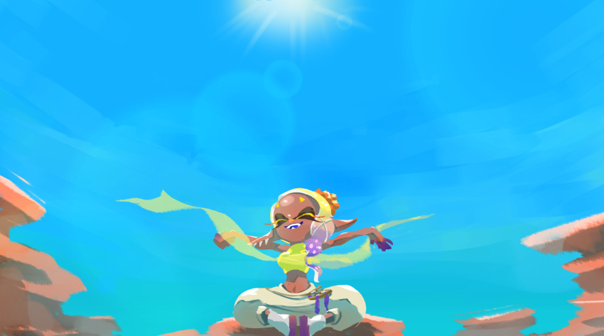 1girl :d ^_^ asymmetrical_hair bare_arms bare_shoulders blonde_hair blue_sky breasts clear_sky closed_eyes colored_eyelashes colored_skin crop_top day earrings fang food food_on_head forehead frye_(splatoon) gradient_hair gradient_skin harem_pants highres inkling jewelry koike3582 lens_flare long_hair long_pointy_ears medium_breasts multicolored_hair multicolored_skin multiple_earrings object_on_head open_mouth outdoors outstretched_arms pants pointy_ears purple_hair purple_skin shirt short_eyebrows sitting sky sleeveless sleeveless_shirt smile socks solo splatoon_(series) splatoon_3 spread_arms sun teeth tentacle_hair toeless_legwear tooth_earrings two-tone_hair two-tone_skin white_pants white_socks yellow_shirt