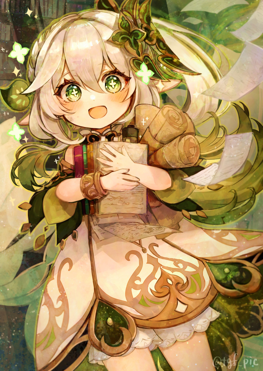 1girl bloomers book bracelet cape commentary_request cowboy_shot dress excited flower-shaped_pupils genshin_impact gold_trim gradient_hair green_cape green_eyes green_hair grey_hair hair_ornament happy highres holding holding_book holding_map holding_paper indoors jewelry looking_at_viewer map multicolored_hair nahida_(genshin_impact) paper paper_stack pointy_ears shelf side_ponytail solo symbol-shaped_pupils tgf_pic white_bloomers white_dress