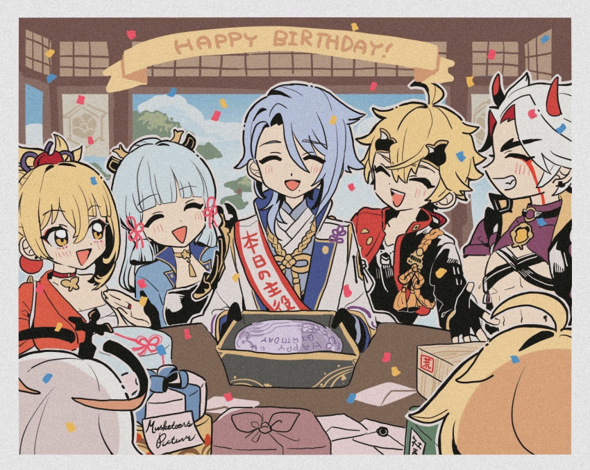 3girls 4boys :d ^_^ aether_(genshin_impact) ahoge aiguillette arataki_itto armor bandages birthday birthday_sash black_choker black_gloves black_shirt blonde_hair blue_hair blue_sky blunt_bangs blunt_tresses blush border box breastplate brother_and_sister chest_harness chest_sarashi choker closed_eyes clouds colored_inner_hair commentary_request confetti crop_top cropped_jacket crossed_bangs day earrings envelope eyeshadow facepaint fake_horns fingerless_gloves genshin_impact gift gift_box gloves grin hadanugi_dousa hair_between_eyes hair_ornament hair_over_shoulder hair_ribbon hair_tubes halo happy happy_birthday harness headband high_ponytail highres horned_headwear horns indoors jacket japanese_armor japanese_clothes jewelry kamisato_ayaka kamisato_ayato kimono lapels letter long_hair long_sleeves looking_at_another makeup medium_hair mole mole_under_eye mole_under_mouth mugime_(oretekisunshine) multicolored_hair multiple_boys multiple_girls neck_ring neck_tassel o-ring o-ring_choker open_clothes open_jacket open_mouth orange_kimono paimon_(genshin_impact) parted_bangs pendant pendant_choker pink_ribbon purple_kimono purple_shirt red_choker red_eyeshadow red_horns red_jacket redhead ribbon rope round_table sarashi sash shirt short_sleeves shoulder_armor shoulder_sash siblings sidelocks single_sode sky smile sode stud_earrings swept_bangs table tassel teeth thick_eyebrows thoma_(genshin_impact) two-tone_hair upper_teeth_only vision_(genshin_impact) white_border white_hair white_jacket yellow_eyes yoimiya_(genshin_impact)