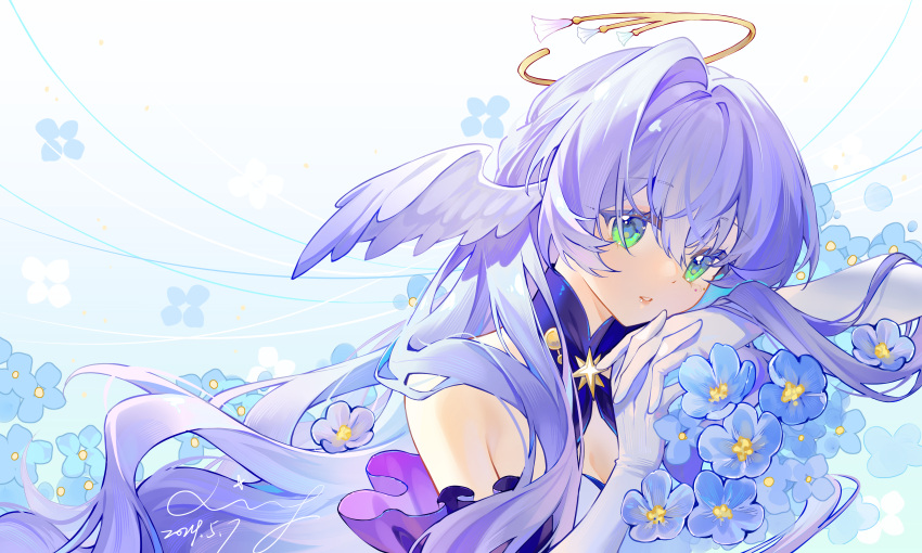 1girl absurdres aqua_eyes blue_flower dated detached_sleeves floating_hair flower gloves hair_between_eyes halo handsomening head_wings highres honkai:_star_rail honkai_(series) long_hair looking_at_viewer own_hands_clasped own_hands_together parted_lips purple_hair robin_(honkai:_star_rail) signature solo white_gloves white_wings wings