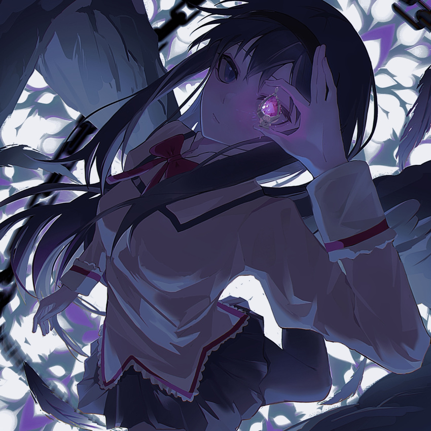 1girl abstract_background akemi_homura black_hair black_hairband black_pantyhose black_skirt blue_eyes bow bowtie chain chinese_commentary commentary_request falling_feathers feathers feet_out_of_frame from_above gem hairband highres holding holding_gem jacket linye-chablis_ban long_hair long_sleeves looking_at_viewer mahou_shoujo_madoka_magica mahou_shoujo_madoka_magica_(anime) mitakihara_school_uniform one_eye_covered pantyhose red_bow red_bowtie school_uniform skirt solo soul_gem yellow_jacket