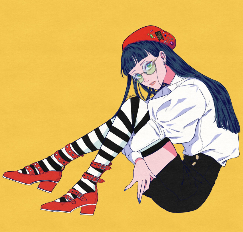 1girl 4awaseyo beret black_hair black_skirt black_thighhighs blue_nails commentary ear_piercing eyelashes fashion from_side full_body glasses hat high-waist_skirt high_heels highres horizontal-striped_thighhighs hugging_own_legs long_hair looking_afar orange_background original parted_lips piercing puffy_sleeves red_footwear red_hat round_eyewear shirt simple_background sitting skirt solo thigh-highs tinted_eyewear two-tone_thighhighs white_shirt white_thighhighs