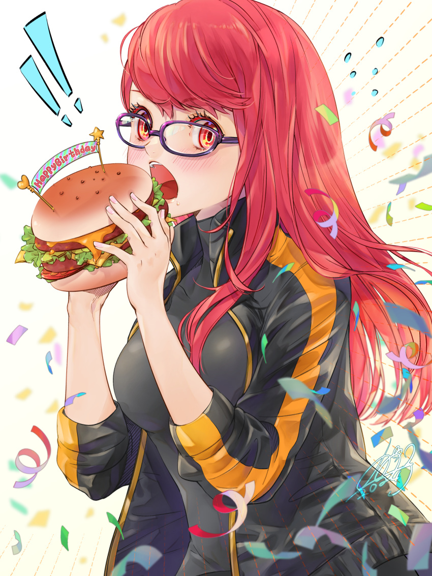 ! !! 1girl blush burger cheese confetti eating emphasis_lines eyelashes food glasses happy_birthday highres holding holding_burger holding_food imminent_bite lettuce long_hair looking_at_viewer open_mouth persona persona_5 persona_5_the_royal purple-framed_eyewear qoo1234 red_eyes redhead solo tomato yoshizawa_sumire