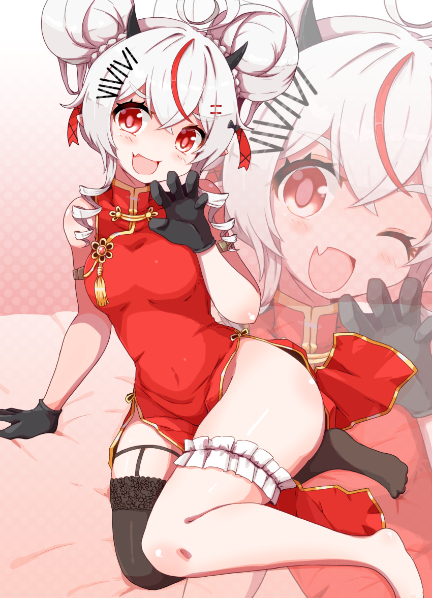 absurdres ahoge angel angel_girl arm_belt bare_legs bare_shoulders blush breasts china_dress chinese_clothes demon demon_girl demon_horns double_bun dress garter_straps gloves hair_bun hair_ornament hairclip highres horns knkhnp nephilim_(species) phase_connect red_dress red_eyes red_streak remilia_nephys small_breasts thick_thighs thigh-highs thighs tight_clothes tight_dress white_hair wide_hips