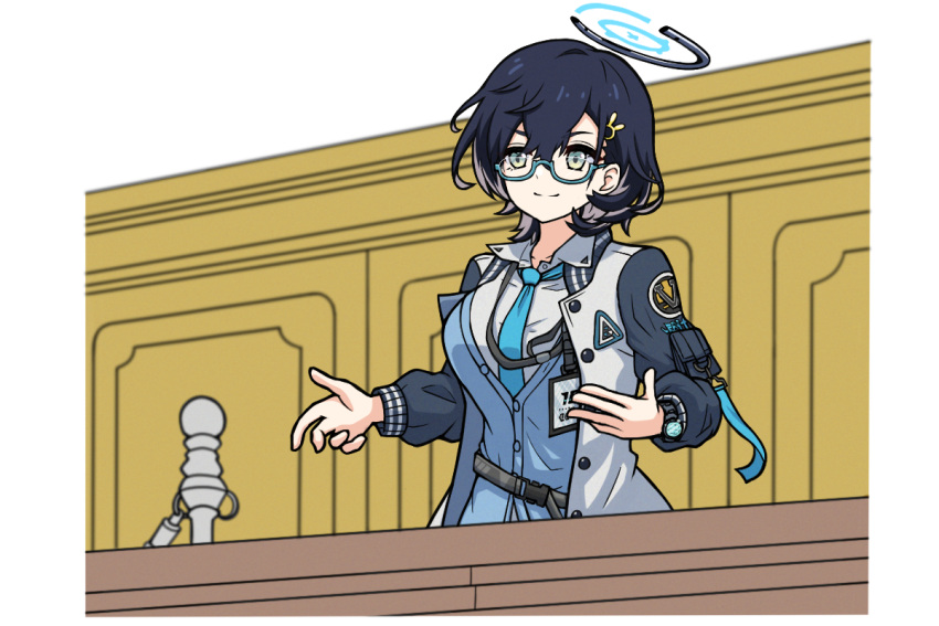 1girl ace_attorney black_hair blue-framed_eyewear blue_archive blue_cardigan blue_necktie breasts cardigan chihiro_(blue_archive) closed_mouth collared_shirt courtroom generic_33 glasses green_eyes hair_between_eyes hair_ornament halo id_card jacket lanyard large_breasts long_sleeves looking_at_viewer multicolored_clothes multicolored_jacket necktie open_clothes open_jacket rabbit_hair_ornament semi-rimless_eyewear shirt short_hair solo standing two-tone_jacket under-rim_eyewear upper_body watch watch white_shirt